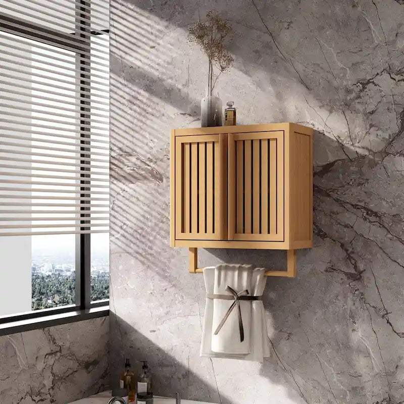 Meuble de salle de bain mural en bambou pour rangement de toilettes