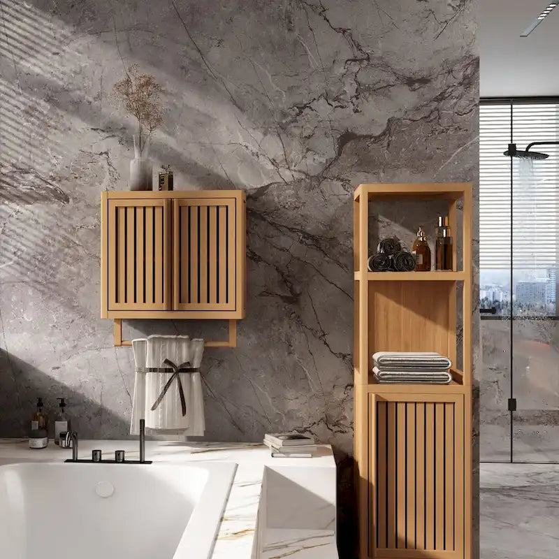 Meuble de salle de bain mural en bambou pour rangement de toilettes