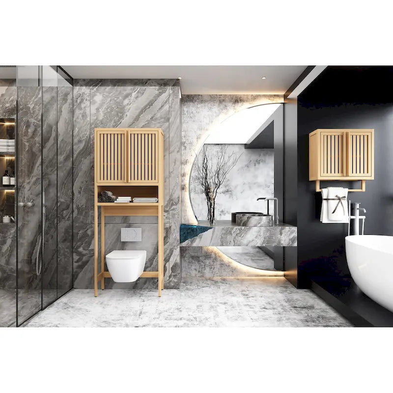 Meuble de salle de bain mural en bambou pour rangement de toilettes