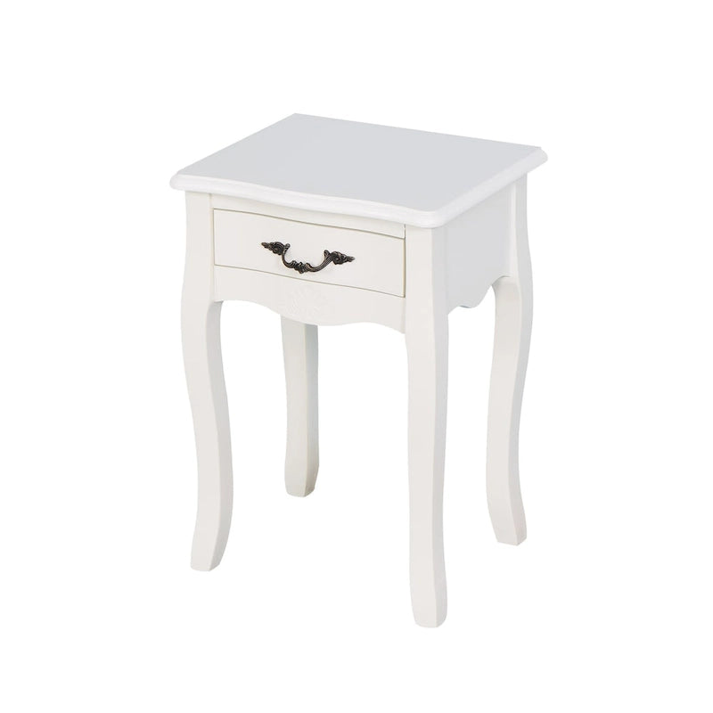 Table de rangement au sol blanche pour salon avec un tiroir, 4 pieds courbés