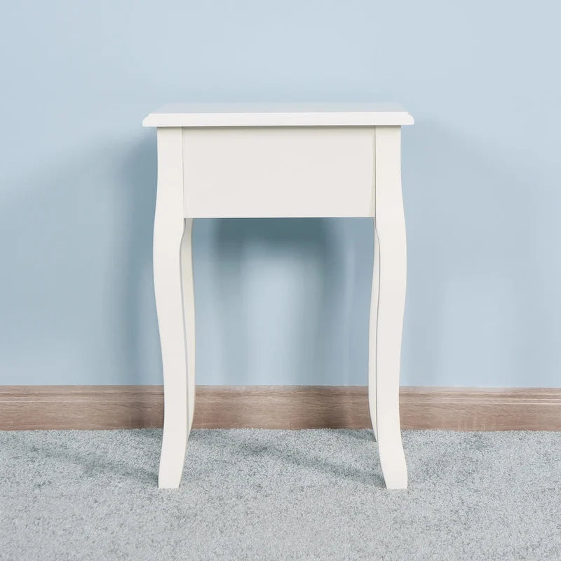 Table de rangement au sol blanche pour salon avec un tiroir, 4 pieds courbés