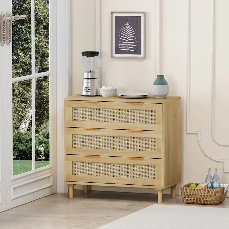 Roomfitters 31.50 Chêne Rotin Commode de Rangement à 3 Tiroirs pour Chambre à Coucher, Salon et Couloirs