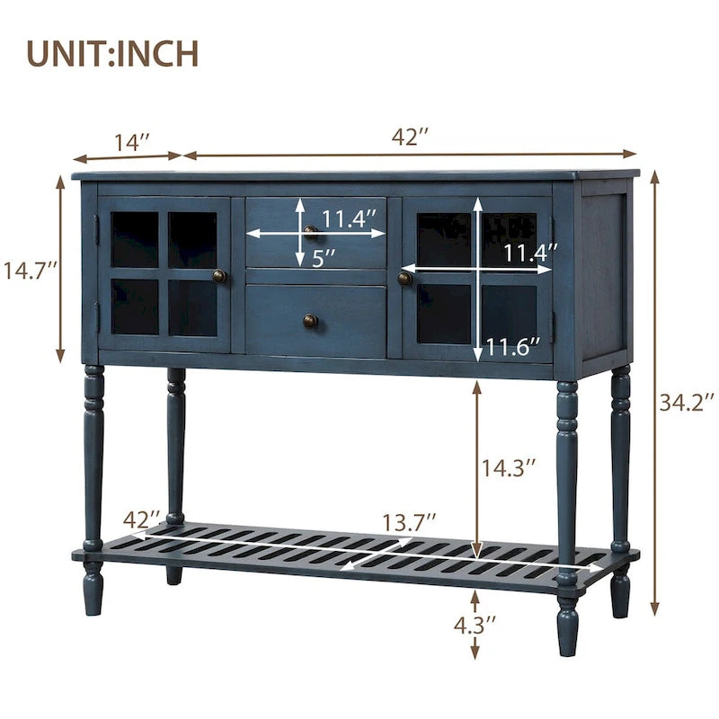 Table console buffet en bois bleu marine antique de style campagnard avec étagère inférieure - N/A