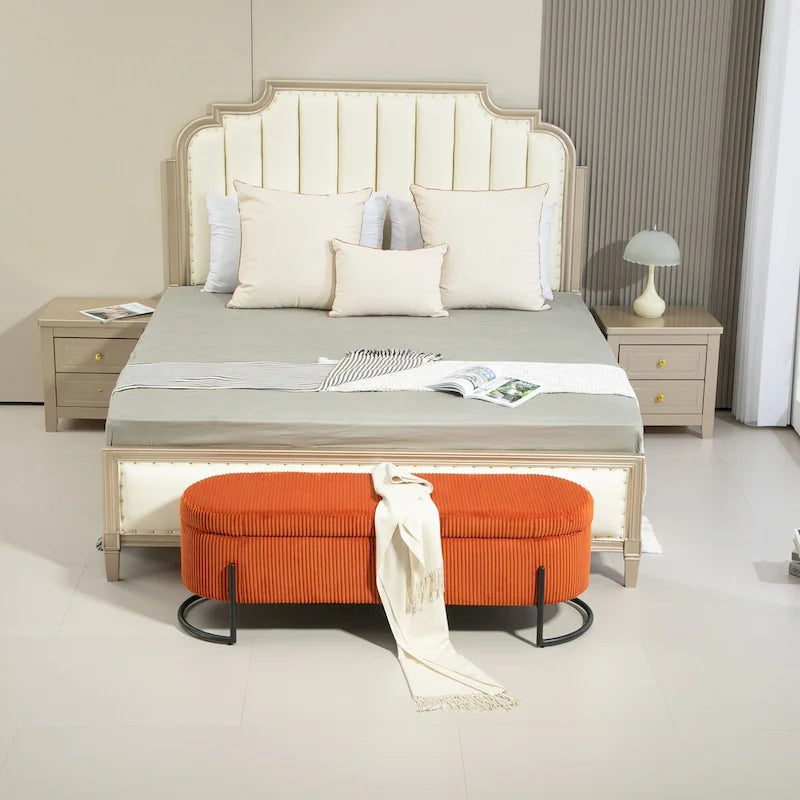 Banc de rangement ottoman, Banc de bout de lit de chambre à coucher, Banc de rangement ottoman en tissu rembourré avec charnière de sécurité, Repose-pieds rembourré d'entrée