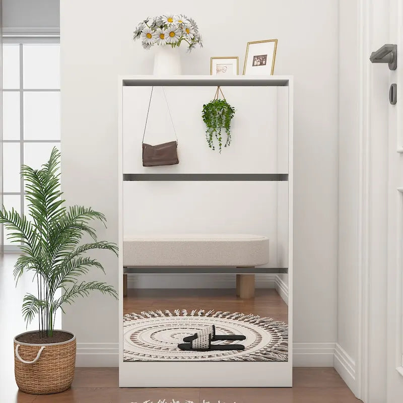 Meuble à chaussures étroit avec miroir, range-chaussures fin en bois à 3 niveaux pour maison et appartement, blanc