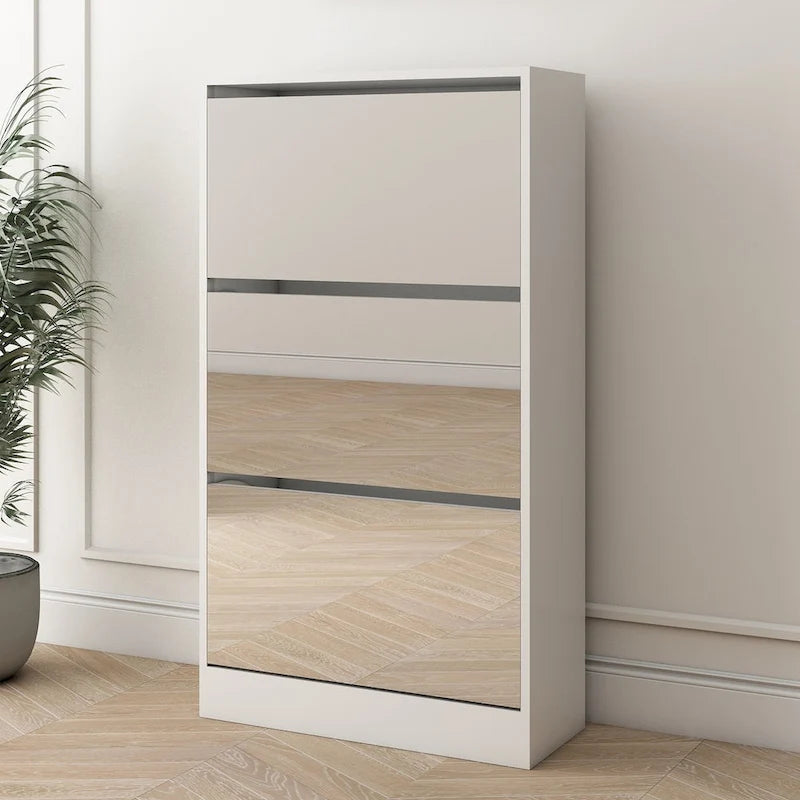 Meuble à chaussures étroit avec miroir, range-chaussures fin en bois à 3 niveaux pour maison et appartement, blanc