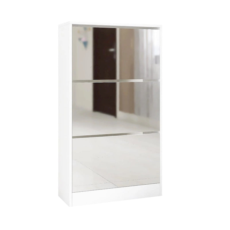 Meuble à chaussures étroit avec miroir, range-chaussures fin en bois à 3 niveaux pour maison et appartement, blanc