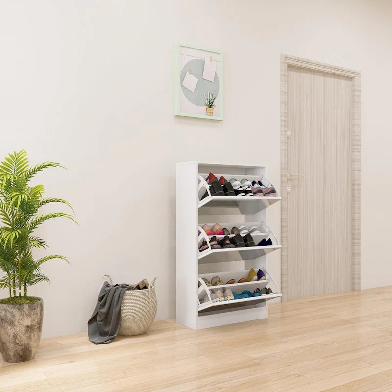 Meuble à chaussures étroit avec miroir, range-chaussures fin en bois à 3 niveaux pour maison et appartement, blanc