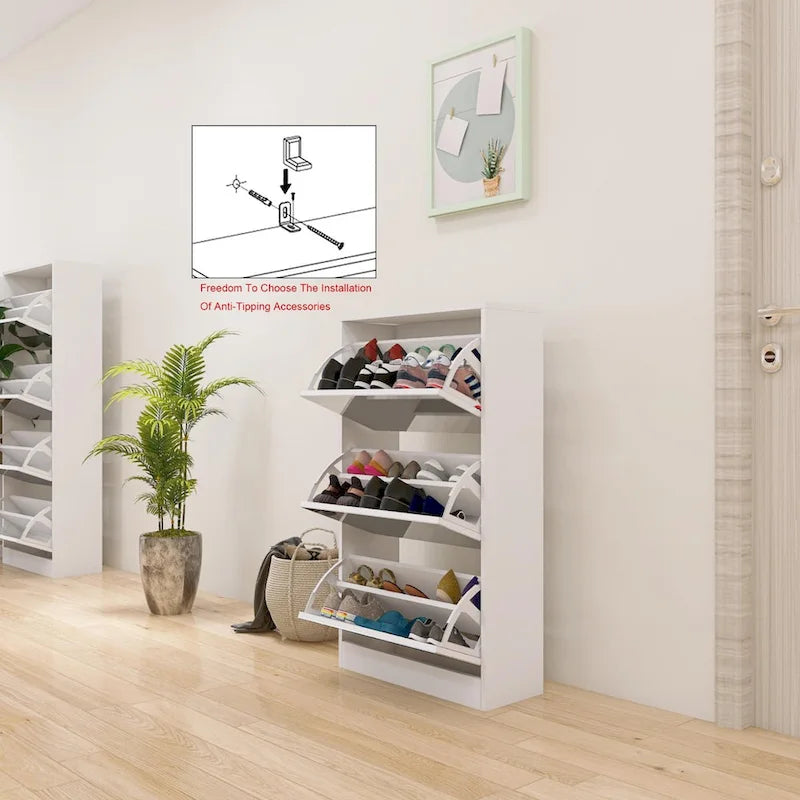 Meuble à chaussures étroit avec miroir, range-chaussures fin en bois à 3 niveaux pour maison et appartement, blanc