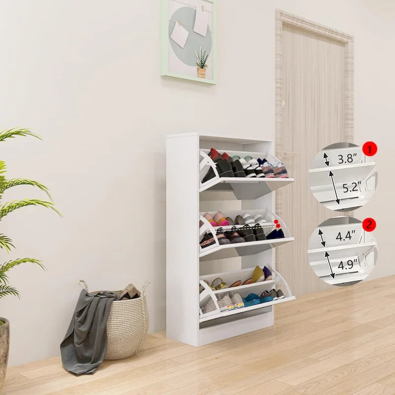 Meuble à chaussures étroit avec miroir, range-chaussures fin en bois à 3 niveaux pour maison et appartement, blanc