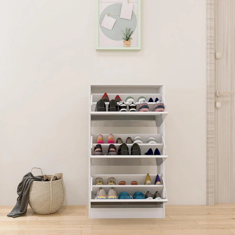 Meuble à chaussures étroit avec miroir, range-chaussures fin en bois à 3 niveaux pour maison et appartement, blanc