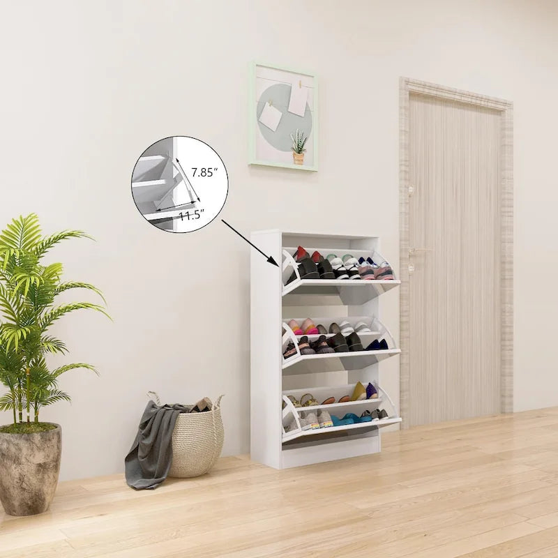 Meuble à chaussures étroit avec miroir, range-chaussures fin en bois à 3 niveaux pour maison et appartement, blanc
