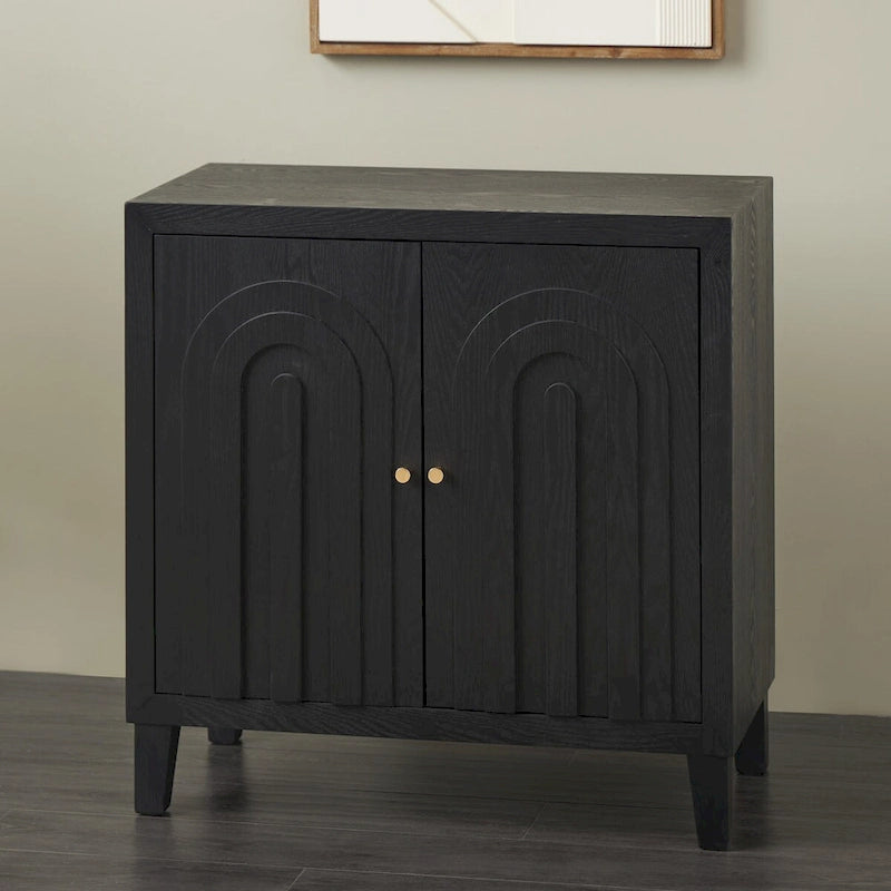 Meuble à deux portes sculptées en bois style Art déco géométrique avec arche, poignées dorées - Noir - Roche River Decor