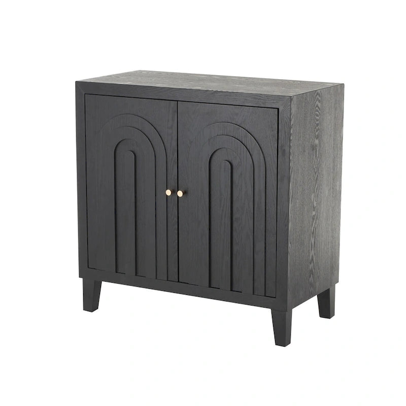 Meuble à deux portes sculptées en bois style Art déco géométrique avec arche, poignées dorées - Noir - Roche River Decor