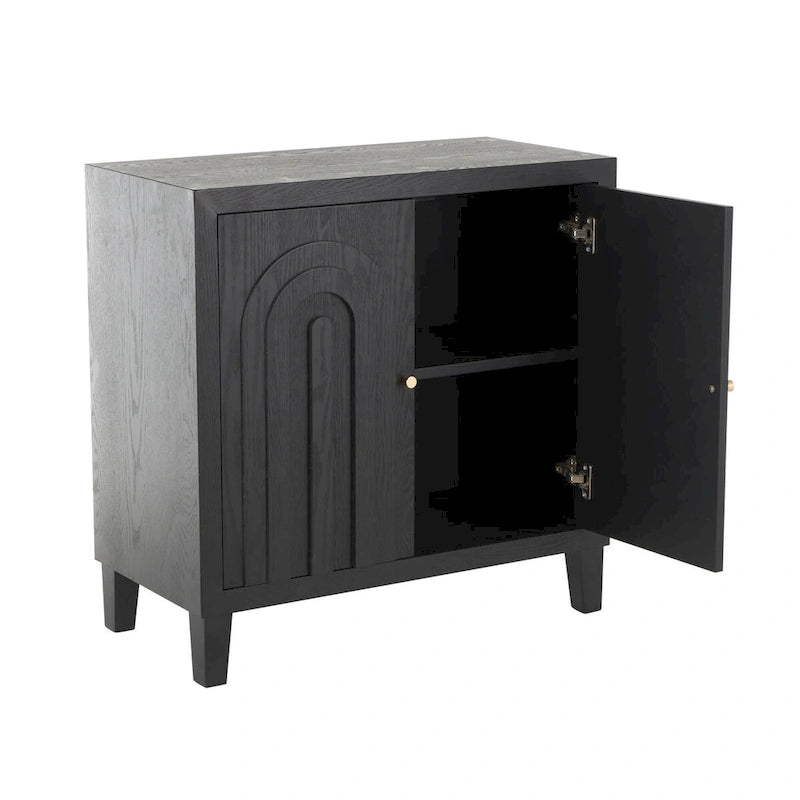 Meuble à deux portes sculptées en bois style Art déco géométrique avec arche, poignées dorées - Noir - Roche River Decor