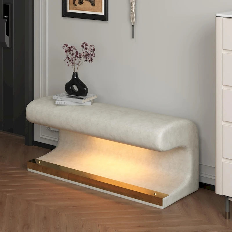 Banc d'entrée 37W avec pouf ottoman en cuir capitonné et LED
