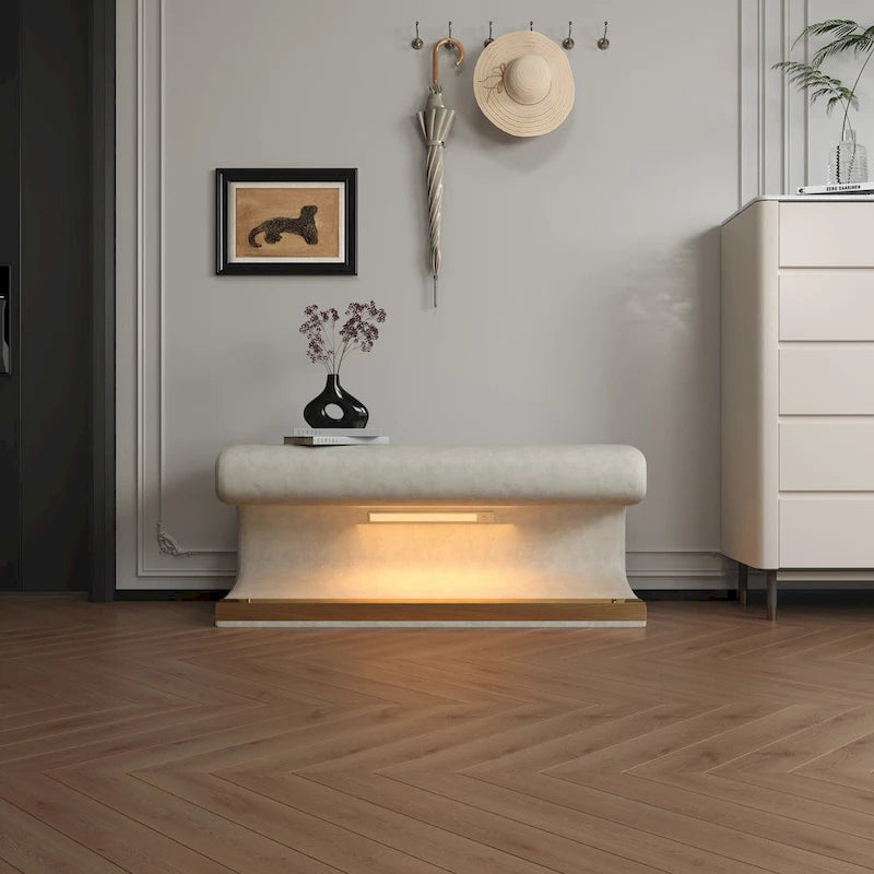 Banc d'entrée 37W avec pouf ottoman en cuir capitonné et LED