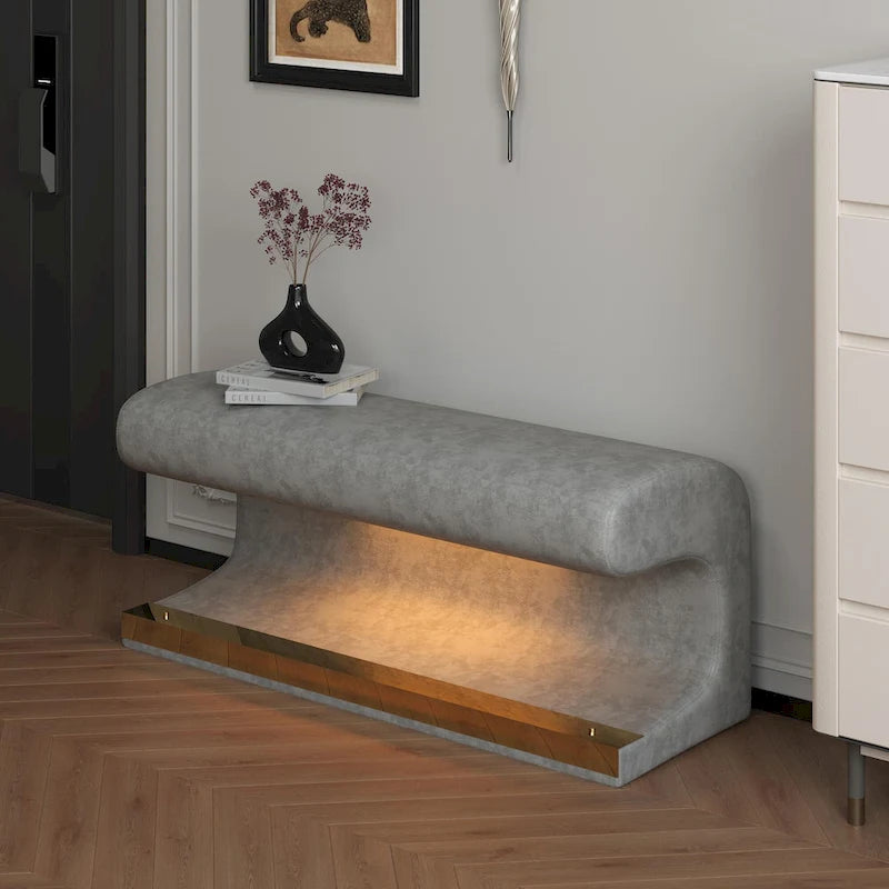 Banc d'entrée 37W avec pouf ottoman en cuir capitonné et LED