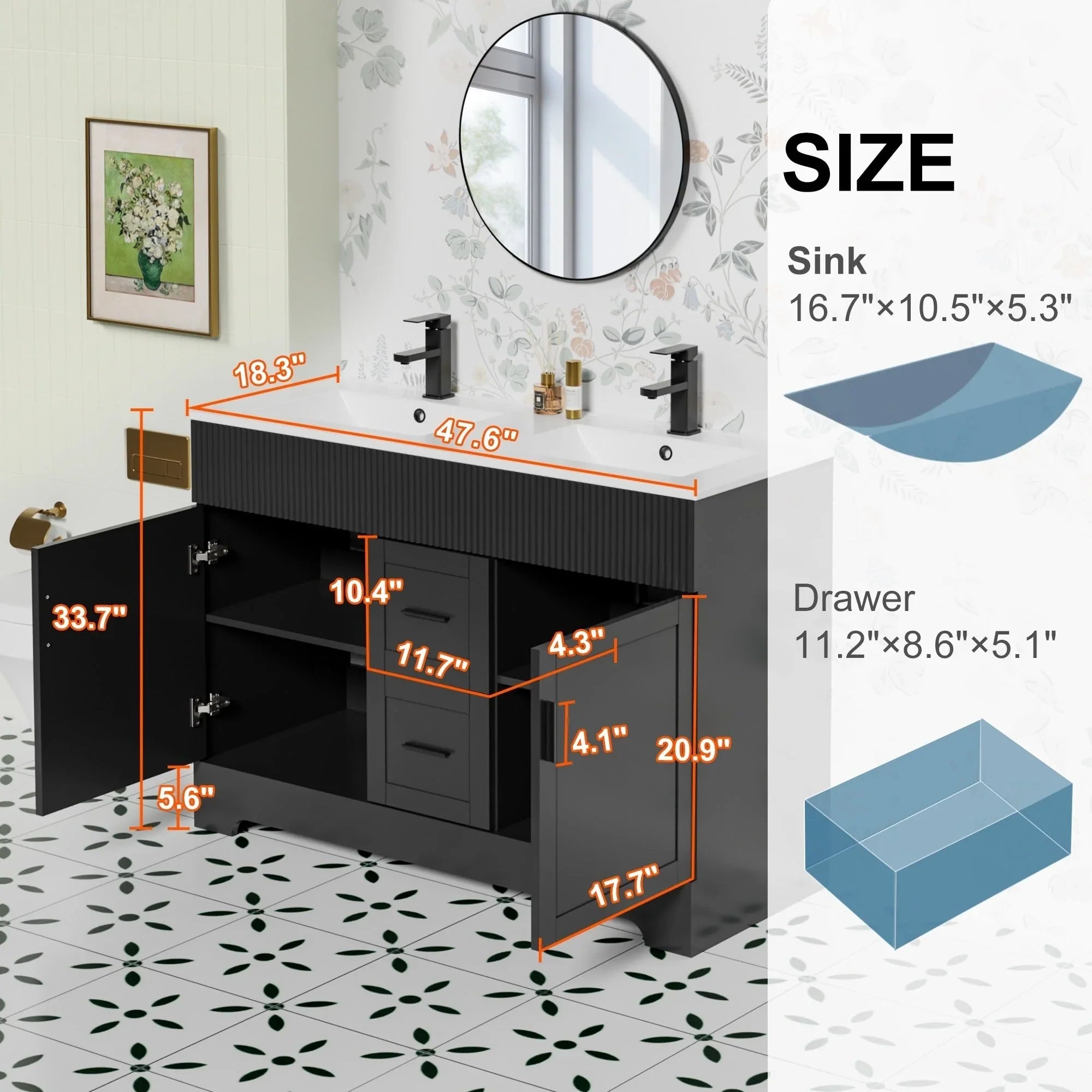 Meuble-lavabo de salle de bain Wavy Line 30/36/48 avec évier et robinet