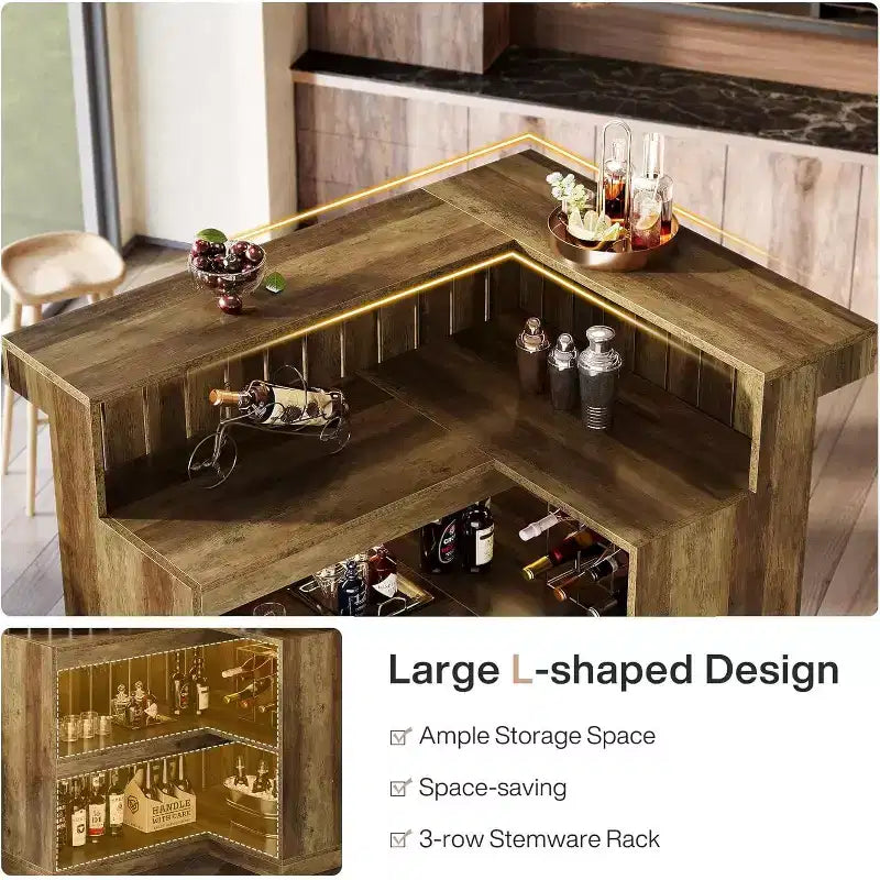 Bar de salon en L Lantine, bar à liqueurs d'angle à 4 niveaux avec étagères de rangement et porte-verres à vin pour pub à domicile