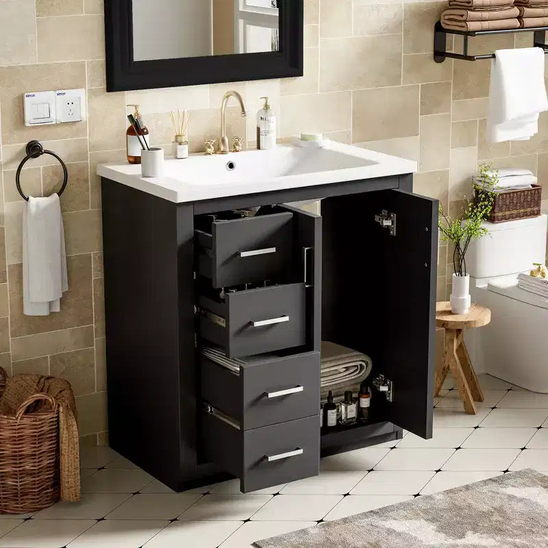 Meuble-lavabo de salle de bain à évier simple de 76 cm avec armoire et 3 tiroirs – Noir / Bleu / Vert / Indigo / Blanc