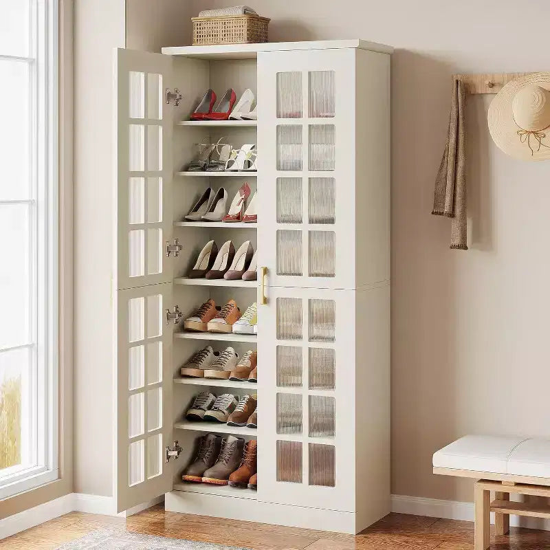 Meuble à chaussures haut Lantine avec portes, rangement à chaussures à 8 niveaux avec étagères réglables, armoire à chaussures moderne pour couloir, placard, salon, blanc
