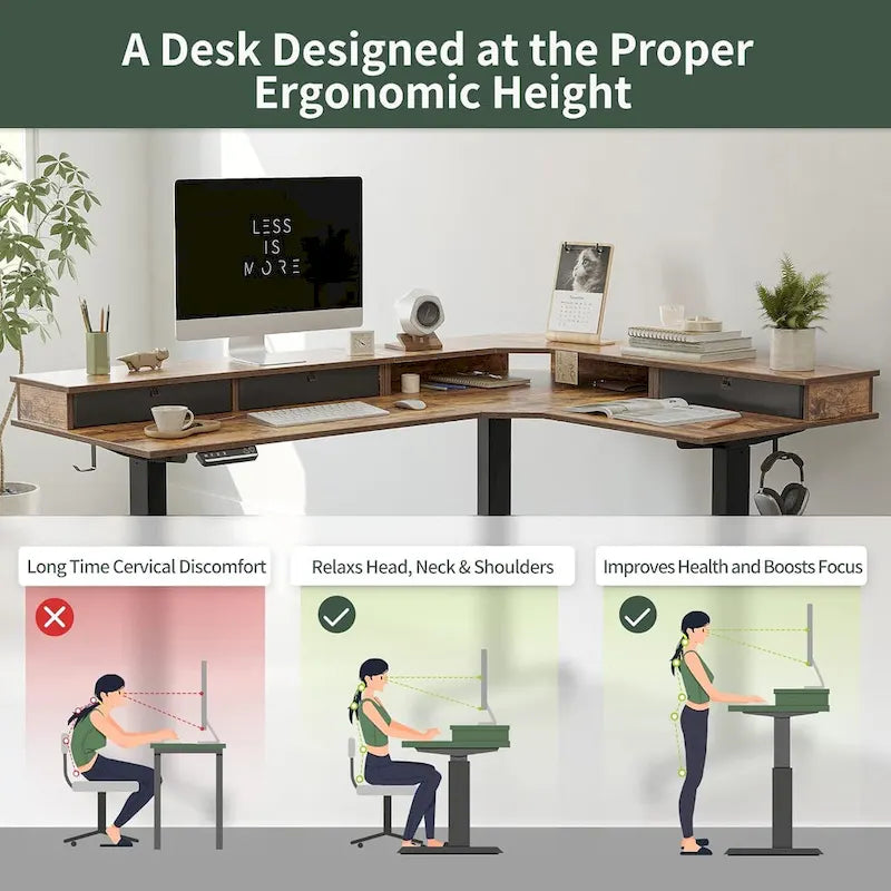 Bureau d'angle électrique debout avec 3 tiroirs et roulettes verrouillables, 160
