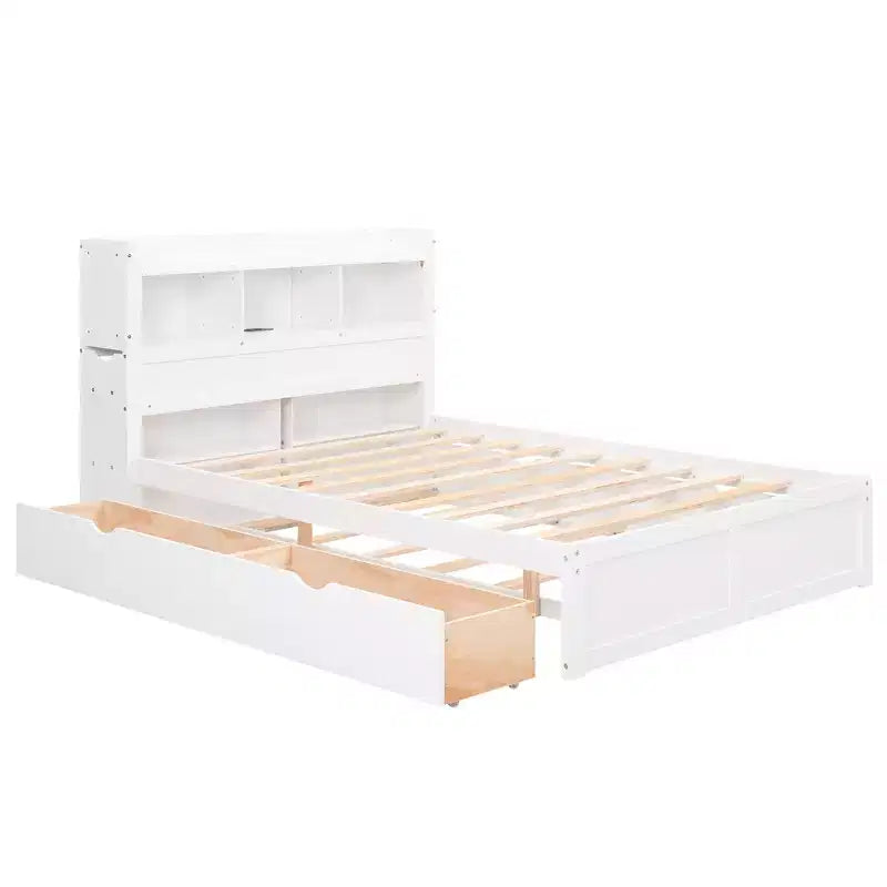 Lit plateforme complet avec lit gigogne, tête de lit bibliothèque et station de recharge, cadre de lit double en bois avec étagères et tiroirs