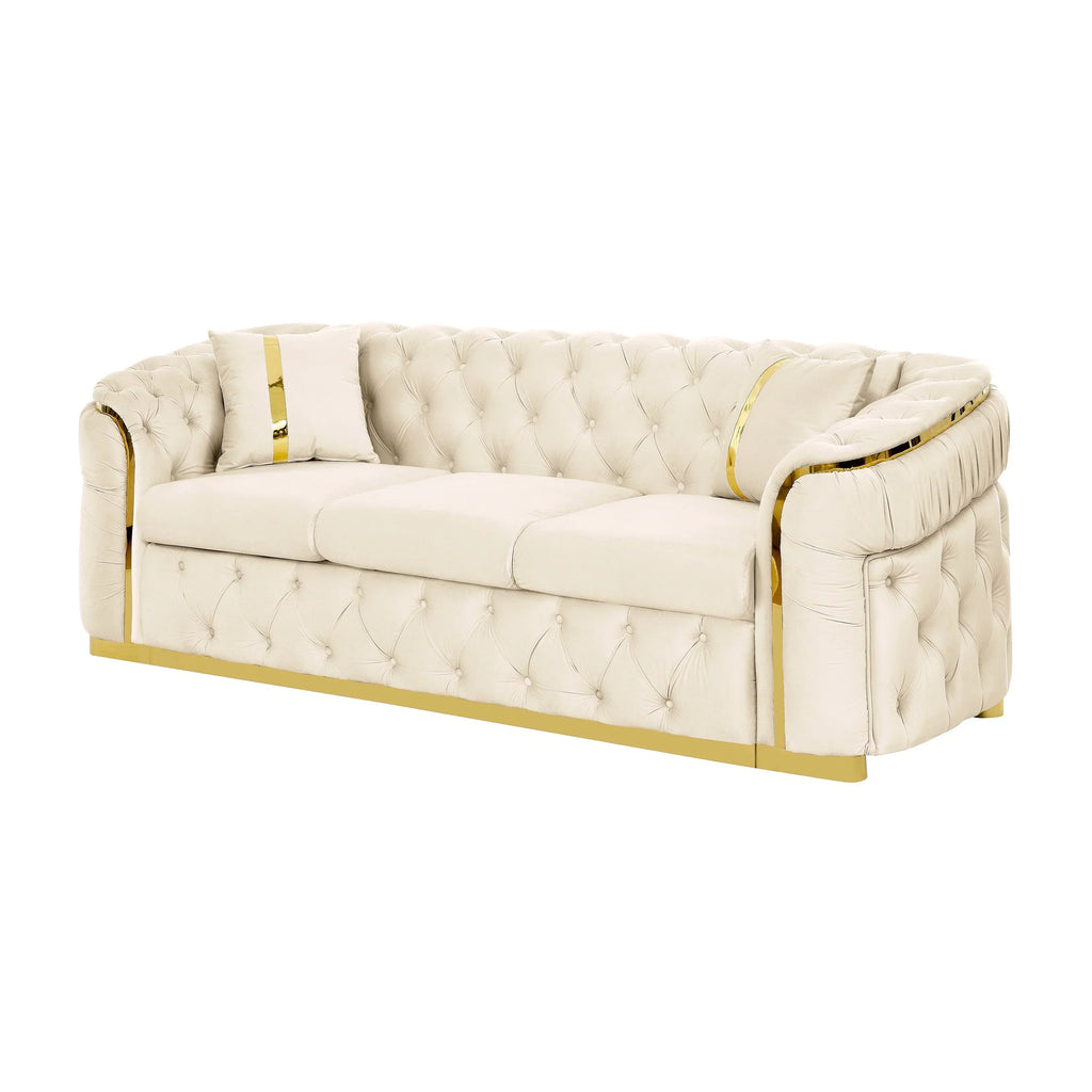 Canapé 3 places Velvet 90,6 po avec 2 oreillers, coussins haute densité, accents dorés et oreillers