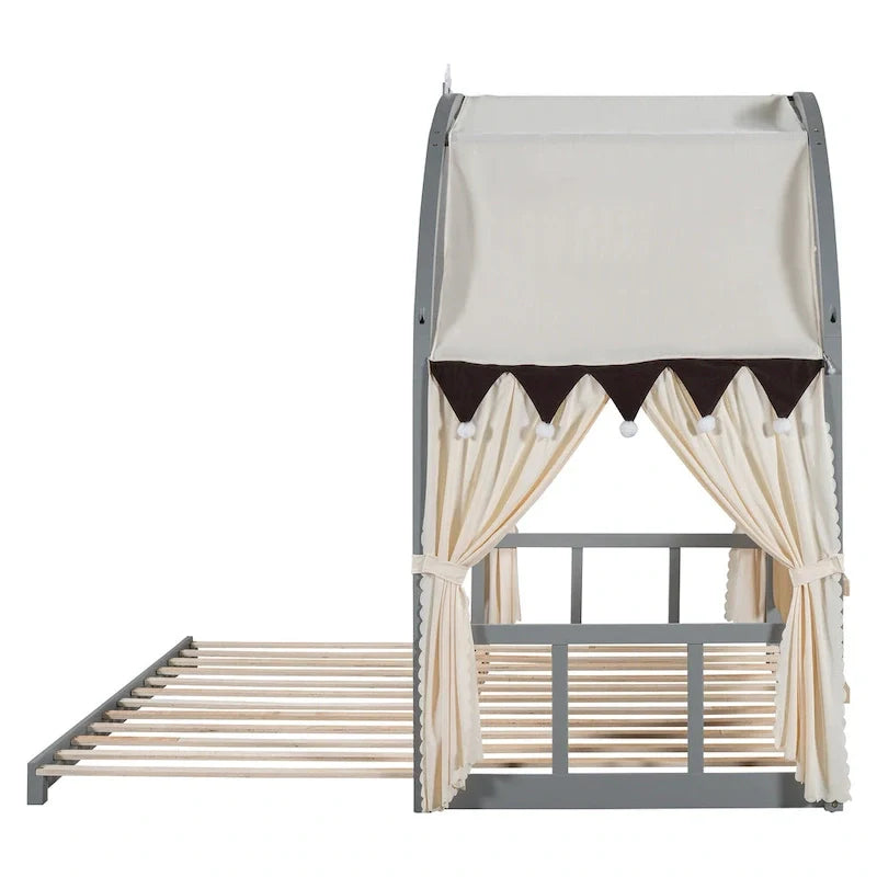 Lit cabane Montessori en bois massif avec plateforme, toit voûté et lit gigogne pour filles et garçons