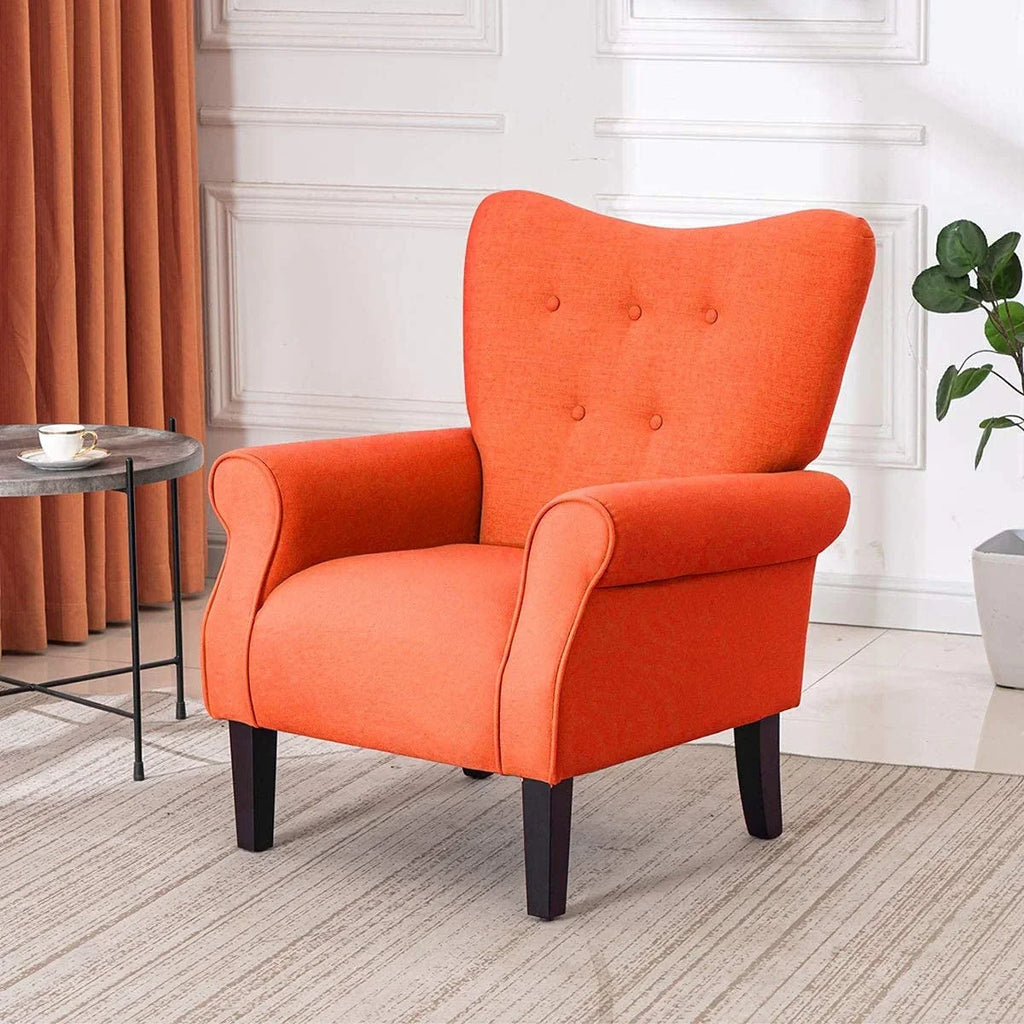 Fauteuil d'appoint moderne Erommy, fauteuil à dossier haut, canapé simple en tissu rembourré avec boutons et pieds en bois pour salon