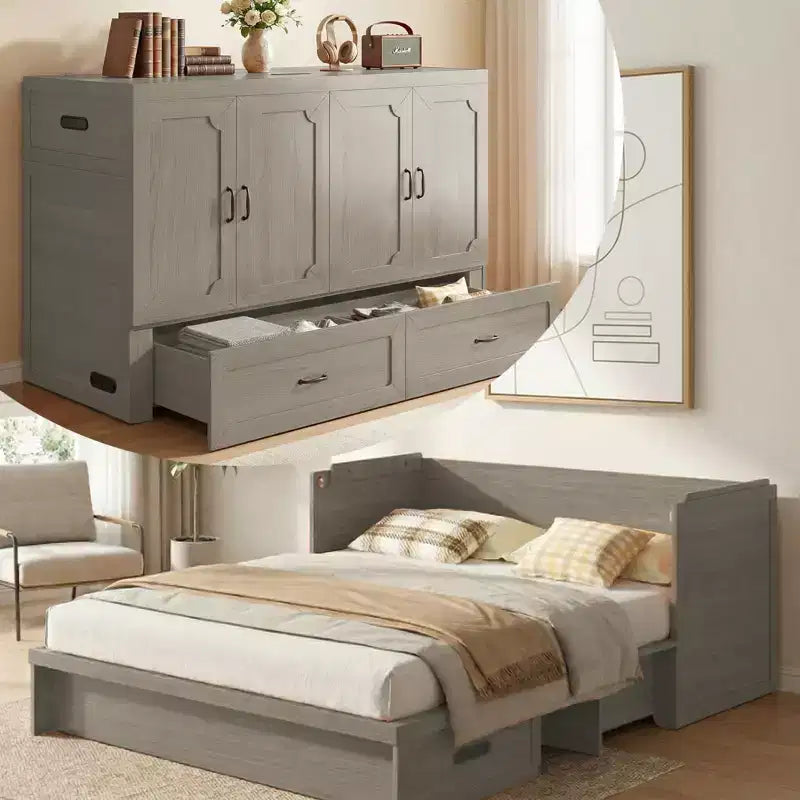 Lit armoire escamotable convertible Mjkone Queen Size avec chargement USB, tiroirs de rangement, matelas non inclus