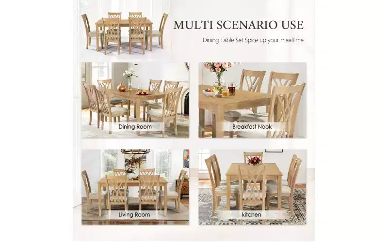 Ensemble de salle à manger Zevemomo 7 pièces en bois massif avec 6 chaises rembourrées, ensemble table et chaises compact pour salle à manger, cuisine, couleur bois naturel