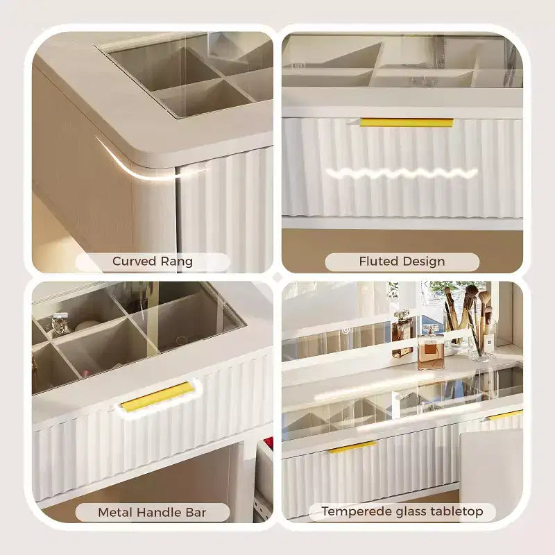 Coiffeuse de maquillage cannelée de 48 pouces avec grand miroir et lumières, coiffeuse de maquillage moderne avec station de charge et tabouret de rangement rembourré pour la maison