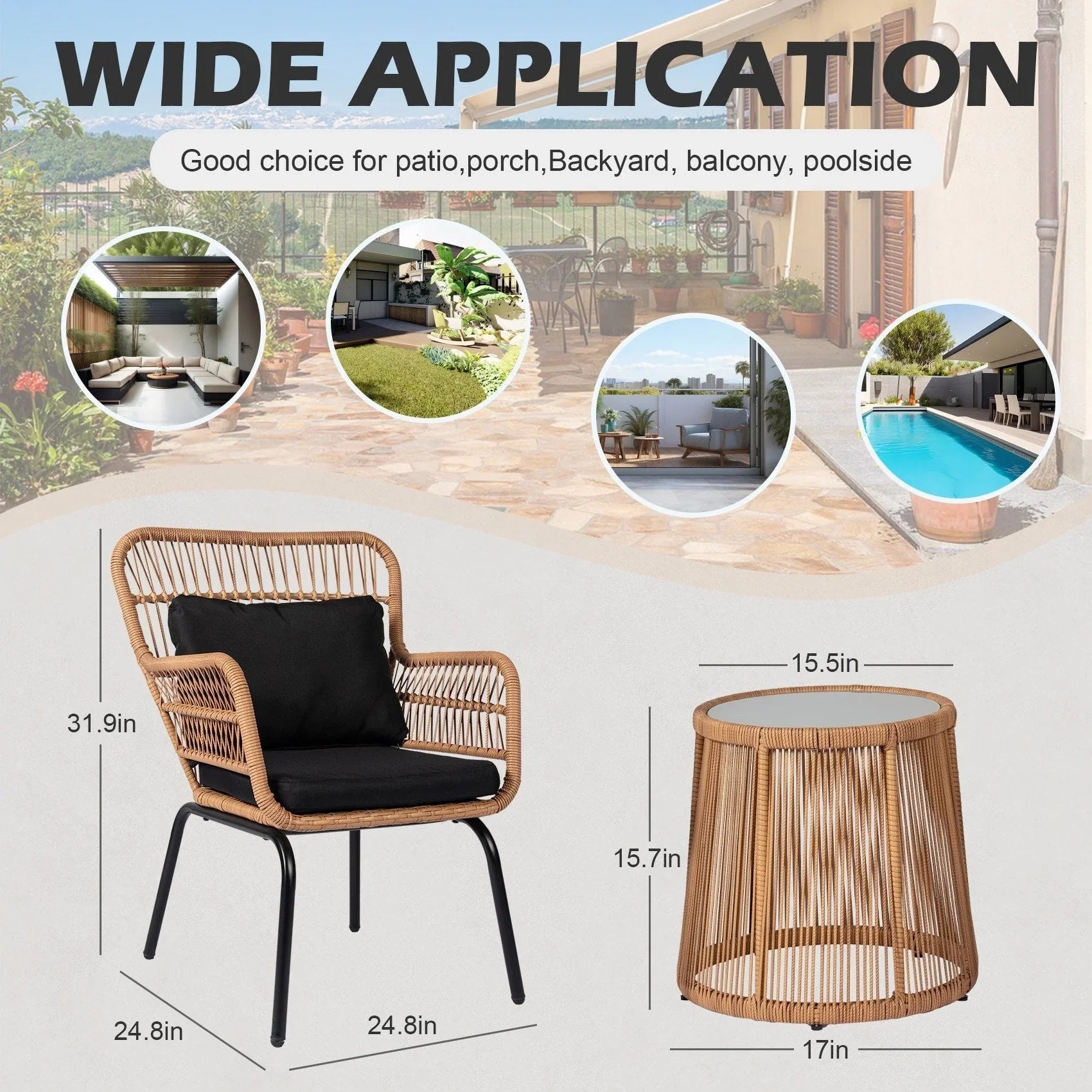 Ensemble bistrot 3 pièces en osier pour conversation, salon de jardin en rotin résistant aux intempéries avec coussins