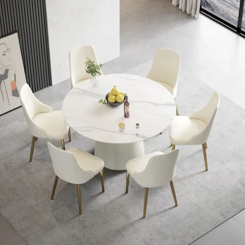 Table à manger ronde de 53 po pour 6 personnes avec plateau en pierre frittée et plateau tournant