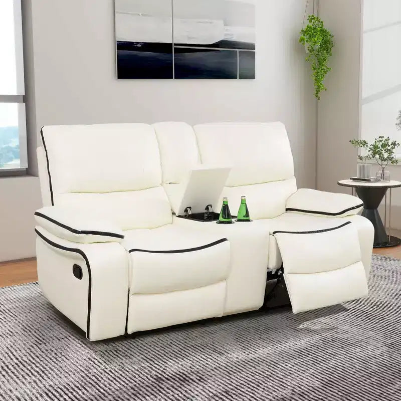 Canapé inclinable électrique MAYEERTY, fauteuil inclinable électrique 2 places en cuir respirant avec rangement et porte-gobelets pour salon, blanc