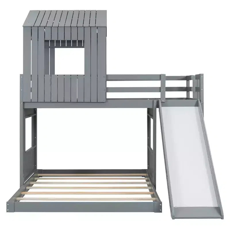 Lit superposé en bois Luxystar avec maisonnette, toboggan et barrières de sécurité, double sur grand lit