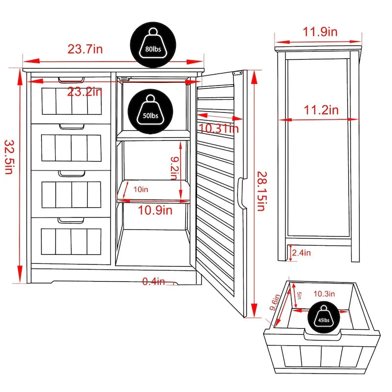 Meuble de Rangement Salle de Bain VEIKOUS sur Pied avec 4 Tiroirs