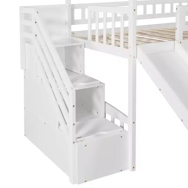 Lit mezzanine jumeau avec toboggan et escalier, lit mezzanine avec tiroirs de rangement, lit mezzanine cabane en bois pour enfants et tout-petits