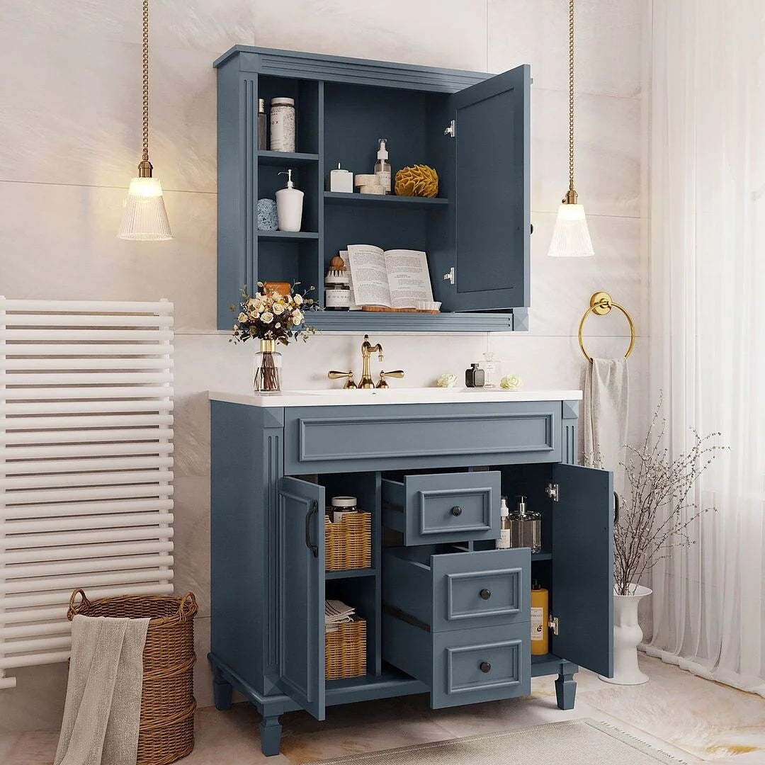 Meuble-lavabo de salle de bain moderne de 91 cm avec lavabo et armoire de toilette, 2 portes et 2 tiroirs