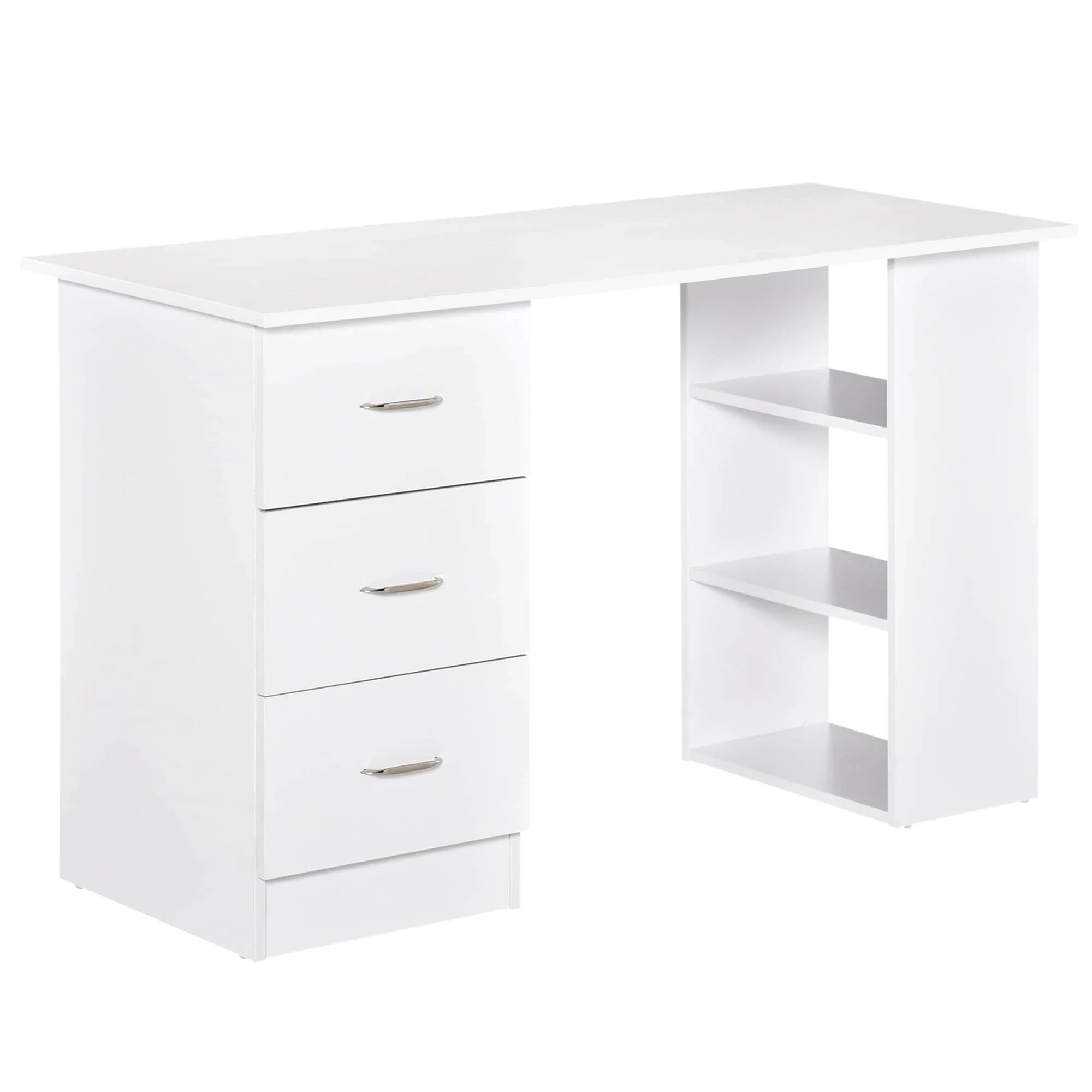 HOMCOM Bureau d'ordinateur moderne 47" pour la maison et le bureau, combo bibliothèque, table d'écriture, poste de travail avec 3 tiroirs et étagère de rangement - Blanc