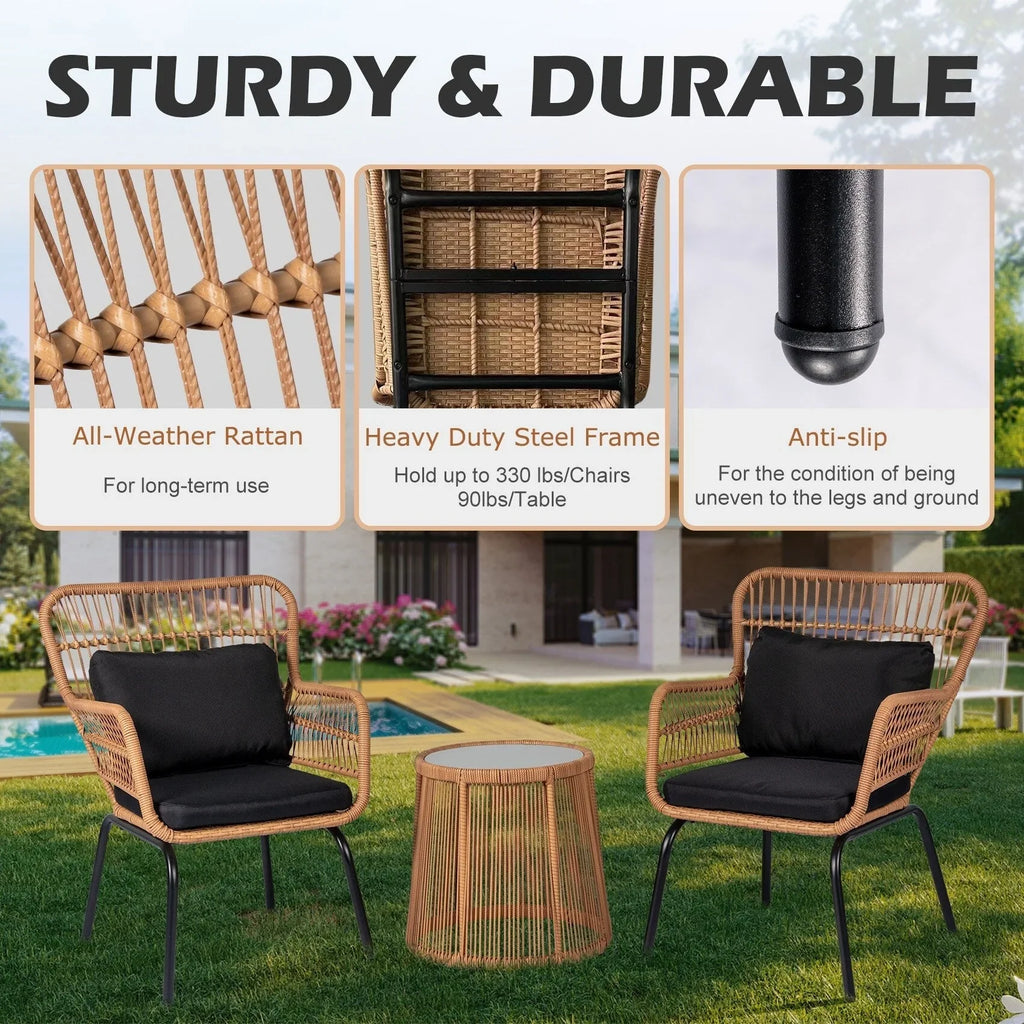 Ensemble bistrot 3 pièces en osier pour conversation, salon de jardin en rotin résistant aux intempéries avec coussins