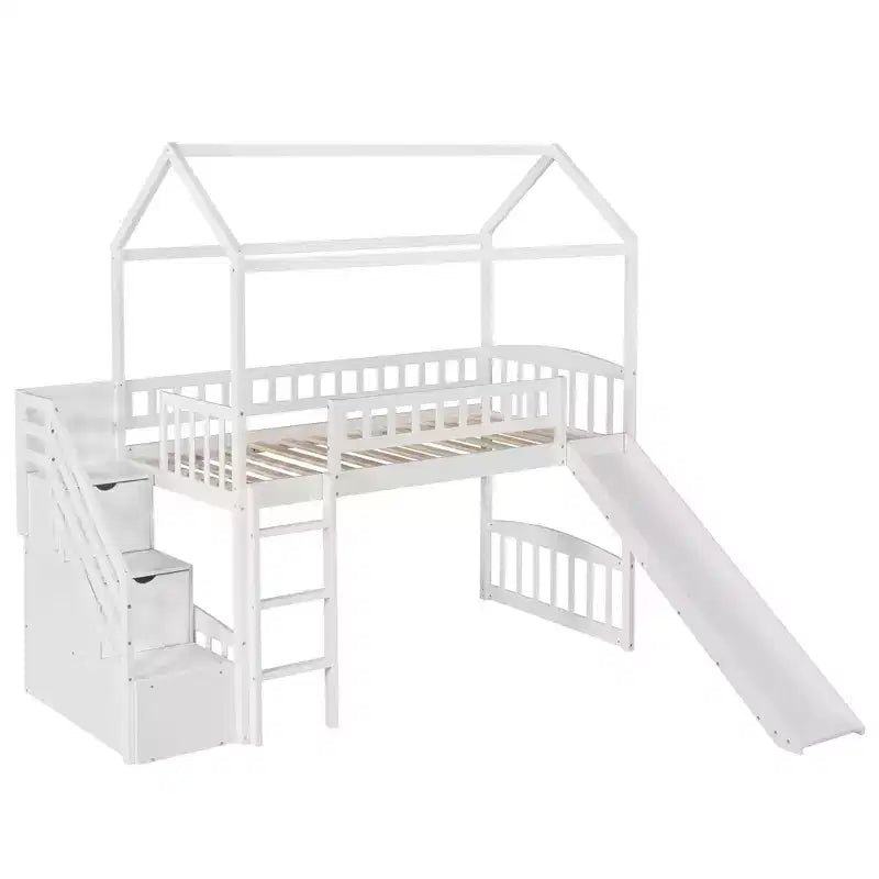 Lit mezzanine jumeau avec toboggan et escalier, lit mezzanine avec tiroirs de rangement, lit mezzanine cabane en bois pour enfants et tout-petits