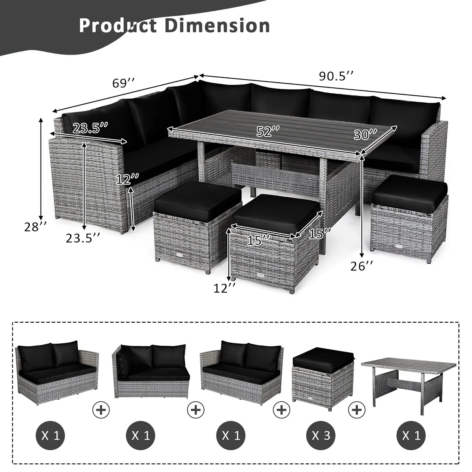 Ensemble de salle à manger Costway 7 pièces en rotin pour terrasse, canapé sectionnel et pouf - Voir détails