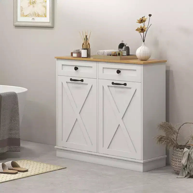 Meuble de salle de bain HOMCOM avec panier à linge basculant, 2 paniers amovibles et 2 tiroirs
