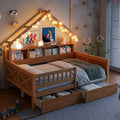 Cadre de lit maison pleine grandeur avec tiroirs, lit plate-forme maison avec lumières LED, étagères de rangement et tiroirs, lit de repos en bois avec toit et garde-corps