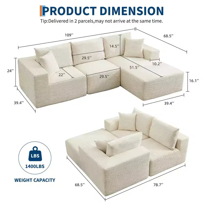 108 Modern Sofa Couch, 3 Seater Upholstered L Shaped Sofa with Pillows, Deep Seat Sofa, No Assembly Required