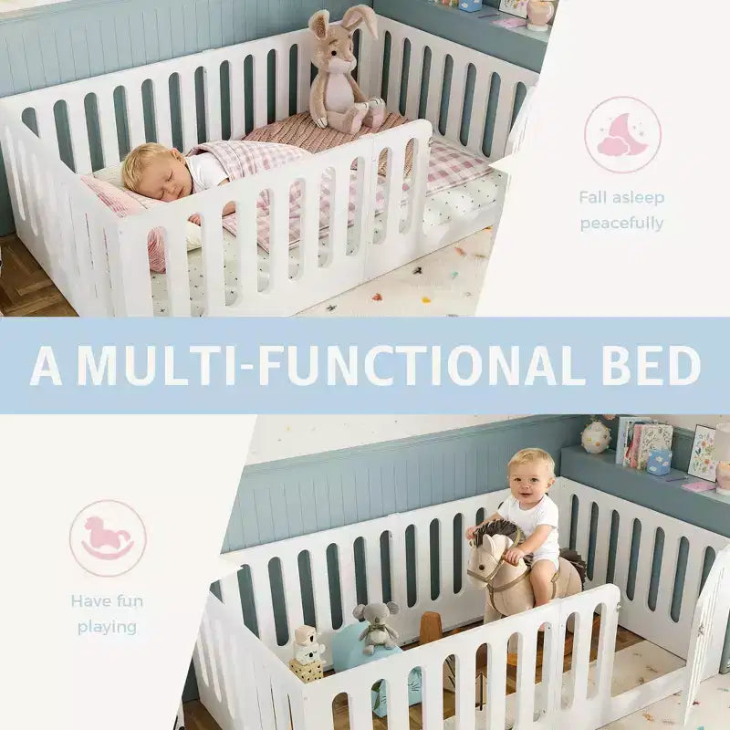 Lit Montessori double blanc avec barrières et porte – Bois massif, 1 enfant