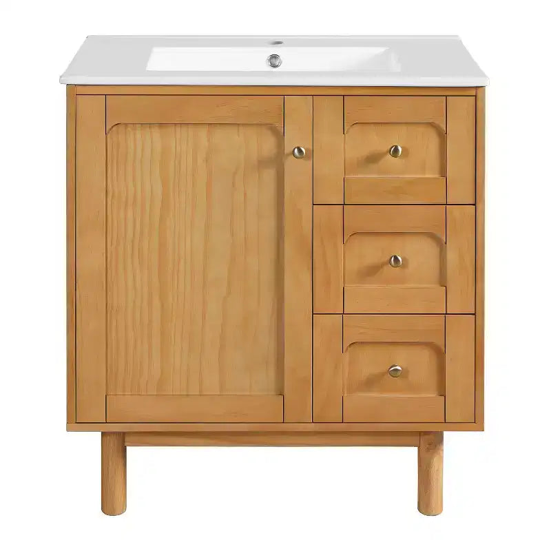 JVNOXK Meuble sous-vasque rustique moderne en céramique de 30 pouces avec 3 tiroirs et 1 grande porte à fermeture douce, meuble de rangement, grain de bois naturel